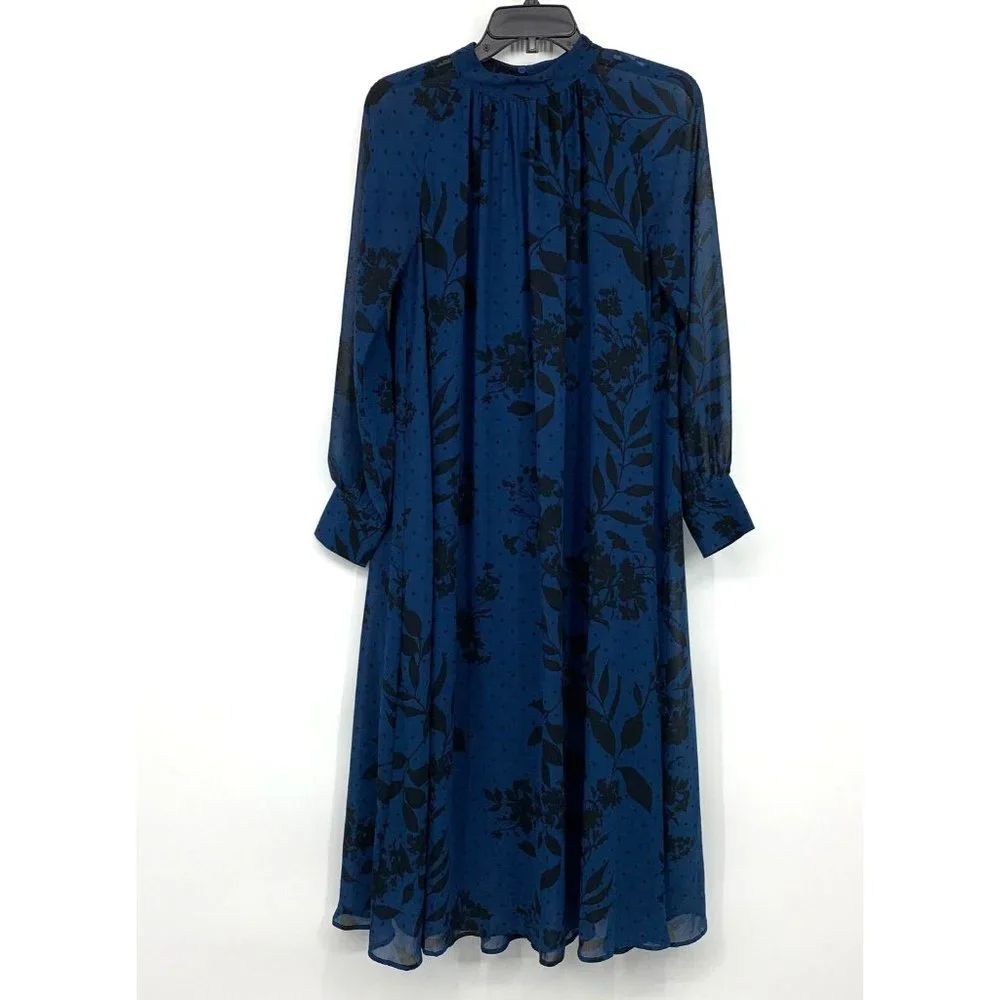 H&M Maxi Dress Blue Black Floral Print Long Sleeve Polka Dot